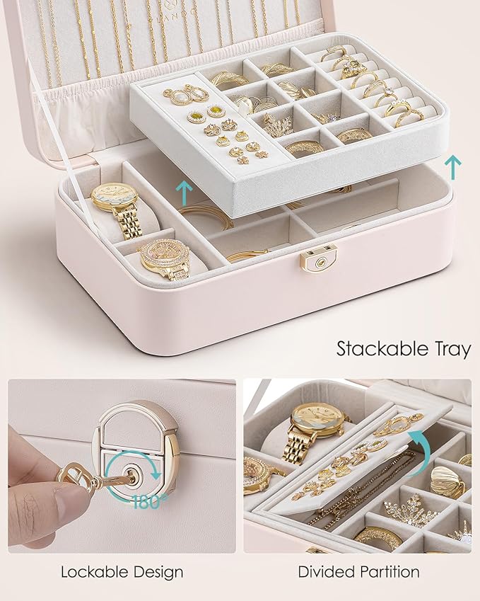Vlando 2 Layer Jewelry Box,Jewelry Organizer Storage Lockable Earring Organizer Removable Jewelry Tray with Watch Pillow for 