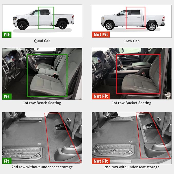 LASFIT Floor Mats for 2019-2024 Dodge Ram 1500 Quad Cab Without 2nd Row Under Seat Storage, Fit for Bench Seat & Carpet Flooring, All Weather TPE Custom Fit Car Mats Floor Liners 1st & 2nd Row, Black