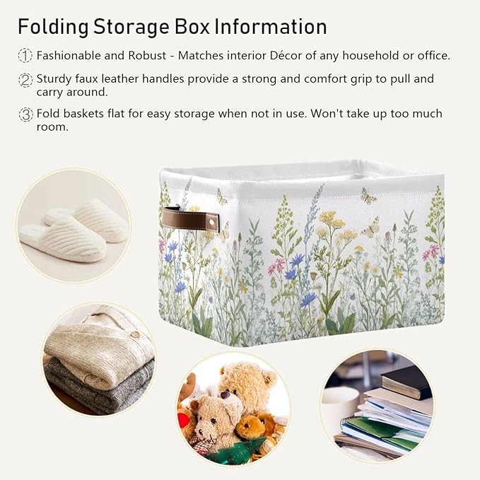 xigua Vintage Colorful Herbs Wild Flowers Floral Storage Basket Collapsible Toy Storage Bins Waterproof Canvas Storage Basket