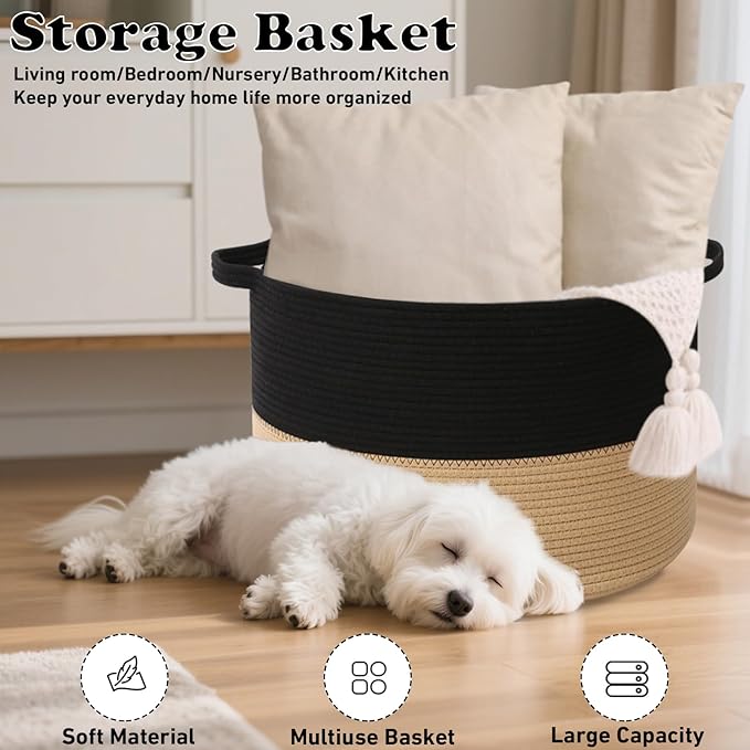 90L Large Blanket Basket, 21.7"x 21.7"x 13.8" Rope Woven Storage Basket with Handles, Laundry Hamper for Toys, Clothes, Pillo