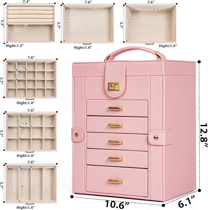 AKOZLIN 6-Tier Jewelry Box Organizer Functional Leather Jewelry Storage Case for Women Girls Ring Necklace Earring Bracelet H