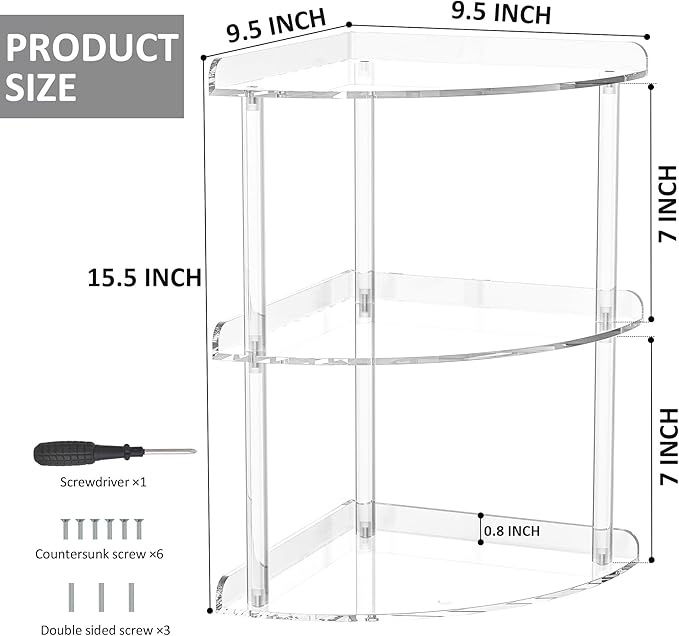Sezanrpt 3 Tier Acrylic Corner Shelf Organizer Storage 9.5x9.5x15.7 Inch, Transparent Countertop Corner Shelf for Bathroom, K