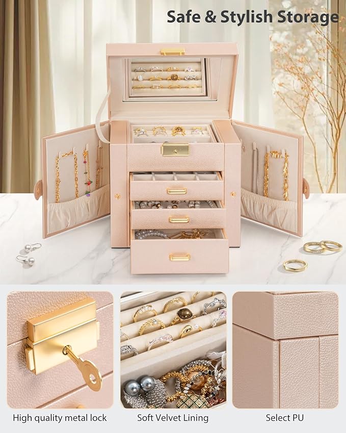 AKOZLIN 4-Tier Jewelry Box Leather Jewelry Storage Organizer with 3 Drawers Lockable for Women Girls Ring Necklace Earring Br
