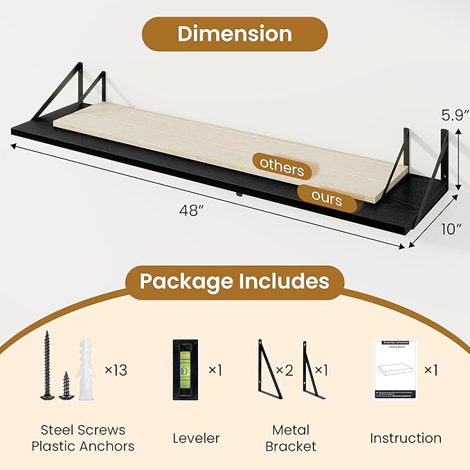 48inch Floating Shelves for Wall,10" Deep Floating Shelves with Metal Brackets,Wall Mounted Hanging Floating Shelf,Wide Displ