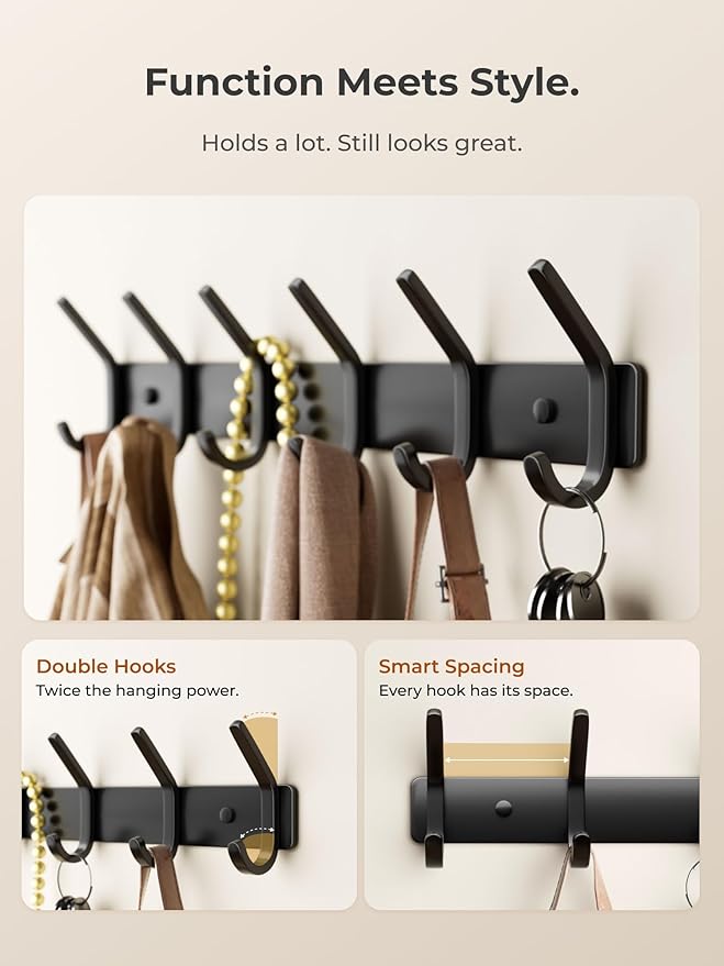 GWAAZXGZ Coat Rack Wall Mount Hooks - 15 Inch Matte Black Metal 6-Hook Organizer Wall Mounted, Modern Kids Room, Entryway & B