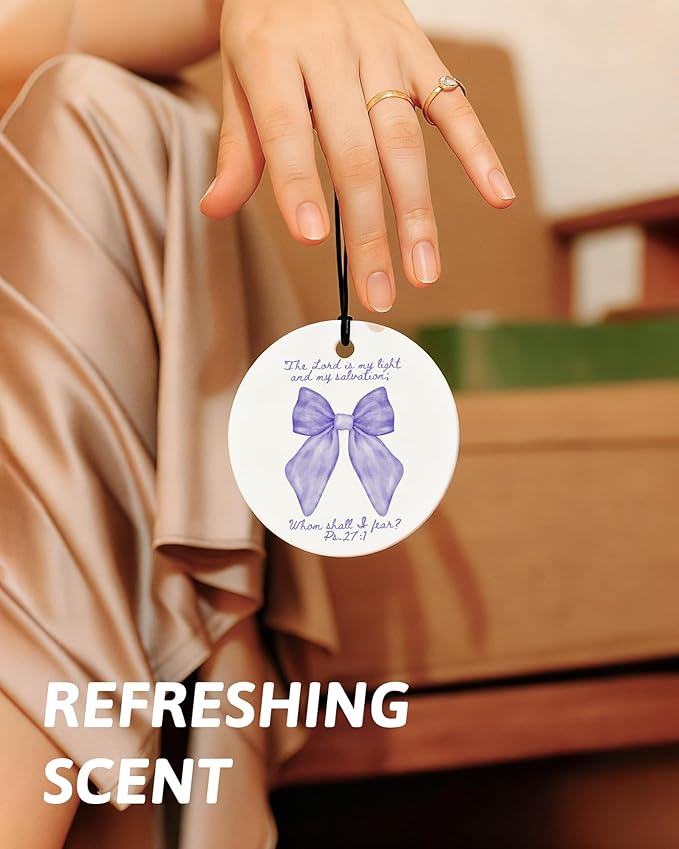 Purple Christian Round Car Air Freshener 4 Pcs, Girly Pouple Bow Floral Religious Hanging Air Freshener for Cars Closet Drawe