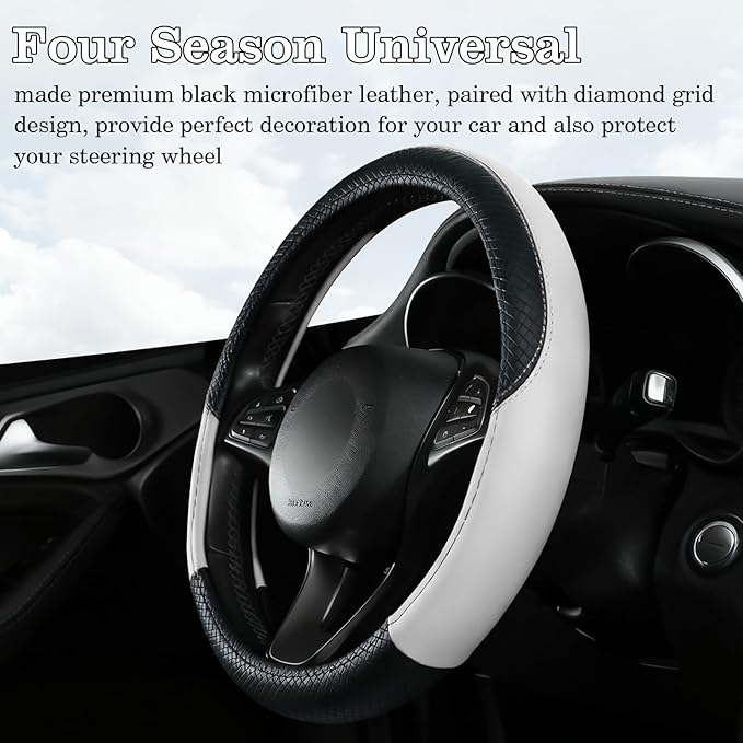Black & White Car Steering Wheel Cover, Microfiber, Leather Patchwork, Universal 14.5-15 Inch Leather Anti-Slip Breathable Au