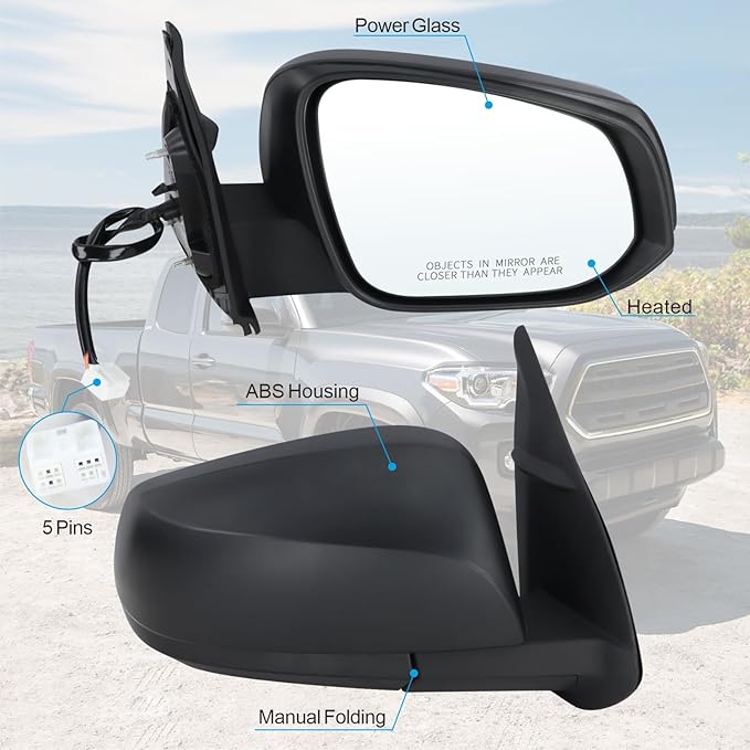 Right Passenger Side Mirror Compatible With 2016 2017 2018 2019 2020 2021 2022 Toyota Tacoma With Manual Folding Power Glass Heated Matte Black Replace#8791004220 (5Pins)