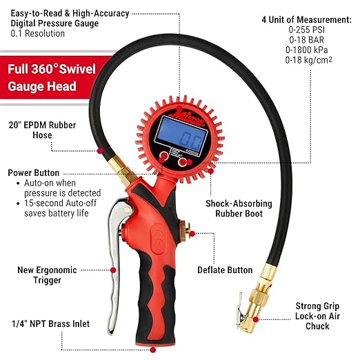 Heavy-Duty Digital Tire Pressure Gauge with Inflator, Clip-on Air Chuck, 20” Air Hose, Easy to Read 0.1 Display, Pistol Grip Handle, Max 255 PSI, 1/4" NPT, Assembled in USA