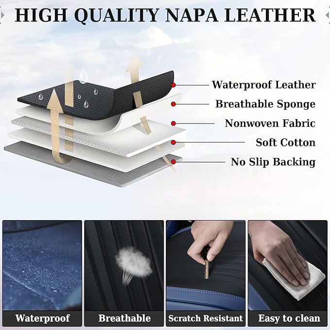 Coverado Car Seat Covers Full Set, Nappa Leather Seat Covers for Cars, Car Seat Cushion Car Seat Protector, Front and Back Se