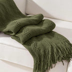 BATTILO HOME Olive Green Throw Blanket for Couch, Soft Army Green Blanket with Tassels for Home Decor, Decorative Knitted Thr