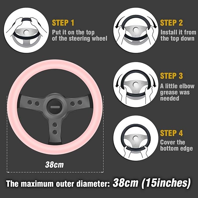 ZHOL Light Pink Steering Wheel Cover, Breathable Microfiber Leather Anti-Slip Cute Car Steering Wheel Cover for Women, Warm i