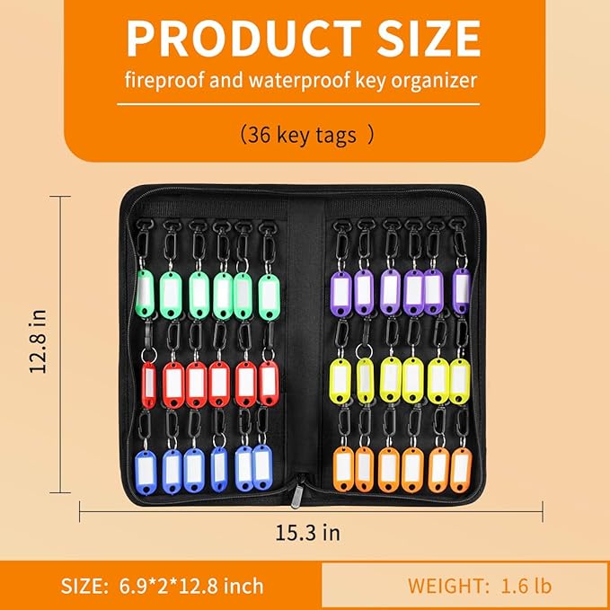 Sdstone Zippered Key Organizer Case Waterproof and Fireproof Key Binder with 36 Hooks and Tags, Key Storage Book for Offices 