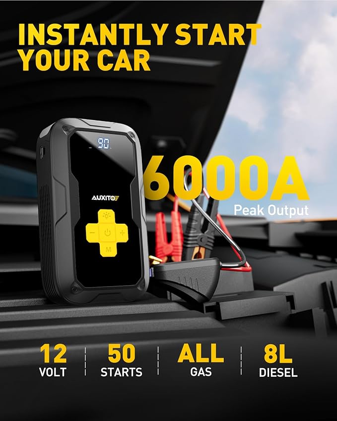 Jump Starter with Air Compressor, AUXITO 6000A Portable Car Jumper, 150PSI Digital Tire Inflator, 12V Jump Box for All