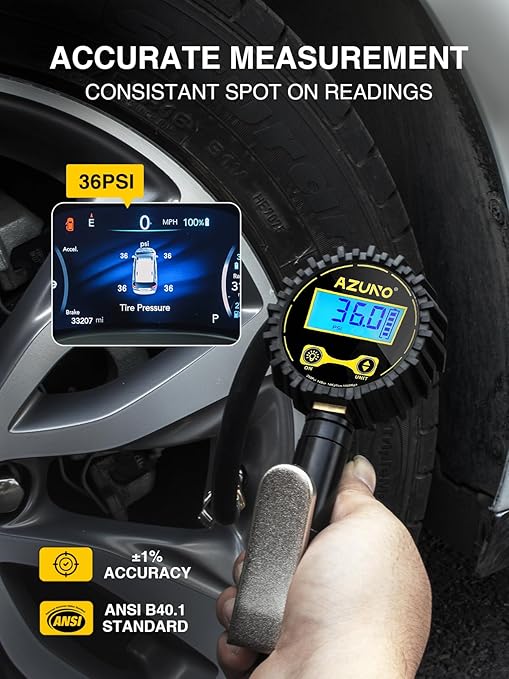 AZUNO Digital Tire Inflator with Pressure Gauge, 200 PSI, Heavy Duty Air Compressor Accessories, w/Rubber Hose Lock on Air Chuck and Quick Connect Coupler