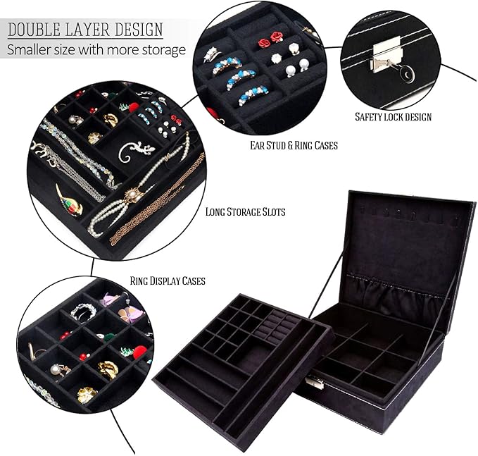 Two-Layer Jewelry Box Organizer Display Storage case with Lock (Black)