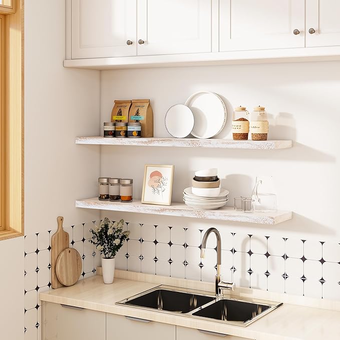 Vivelove Elm Wood Floating Shelves, Wooden Shelves for Wall with Invisible Bracket for Living Room Bedroom Bathroom Office Bo