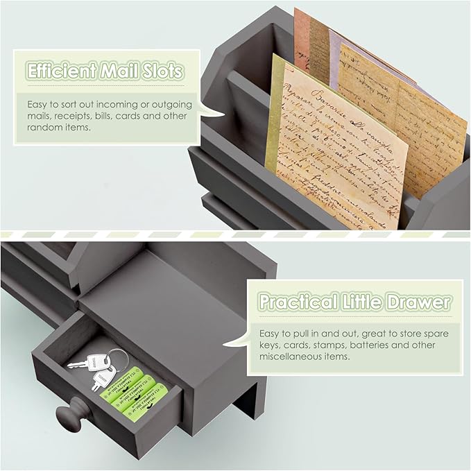 VIS'V Key Holder Wall Mount, Wooden Mail and Key Organizer with Drawer and Shelf, 2 Slots, 6 Hooks, Grey
