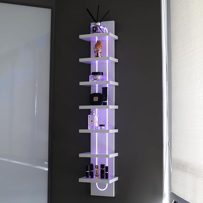 Exclusive U-Shaped 7-Tier Compact Narrow Wall Shelf Unit with RGB Lighting, Modern Vertical Shelf for Vanity, Ideal for Anime