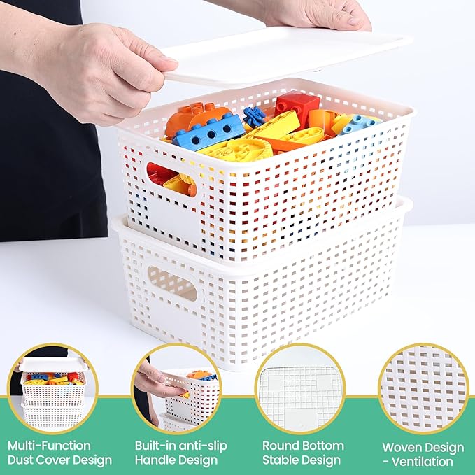 Plastic Storage Baskets with Lid-Plastic Storage Containers Stackable Storage bins: Storage Baskets for Organizing Shelves Dr