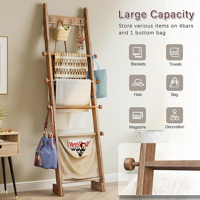 REFGY Blanket Ladder for Living Room, 5-Tier Wooden Blanket Ladder, 5.3Ft Wall Leaning Quilt Ladder for Bedroom, Rustic Decor