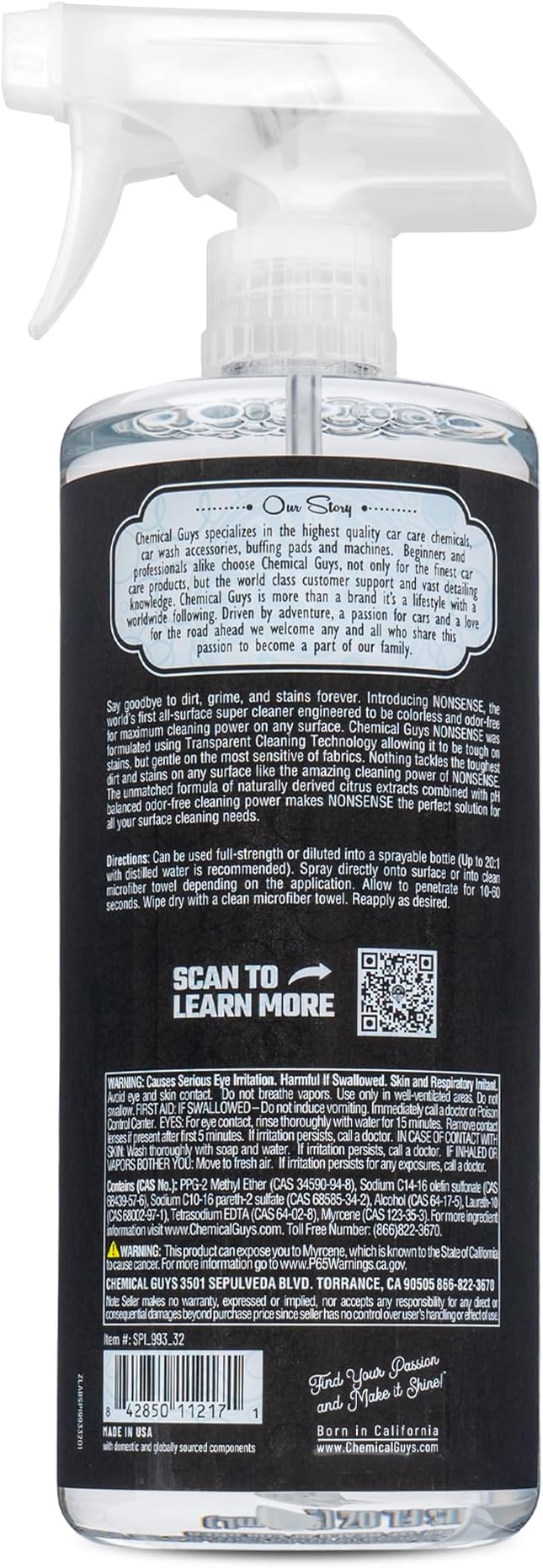 Chemical Guys Nonsense Colorless & Odorless All Surface Cleaner - Clear, Safe for Vinyl, Rubber, Plastic, Carpet, and Upholst