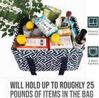 Extra Large Utility Tote Bag - Oversized Collapsible Tote with Wire Frame, Durable Reusable for Beach, Groceries, Laundry, Car Trunk, Storage and Travel - Includes 5x7 Bag with Hook - Geo Navy