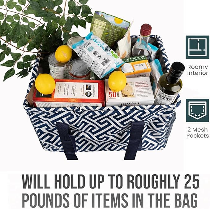 Extra Large Utility Tote Bag - Oversized Collapsible Tote with Wire Frame, Durable Reusable for Beach, Groceries, Laundry, Car Trunk, Storage and Travel - Includes 5x7 Bag with Hook - Geo Navy