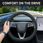 Suede Steering Wheel Cover for Tesla Model 3/Y 2016-2025 2026 Juniper/Highland, Non-Slip Breathable Tesla Model 3/Y Steering Wheel Protector, Black
