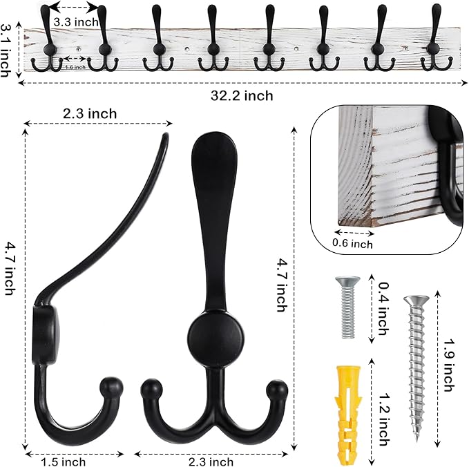 Kuhome 32.2'' Large Coat Rack Wall Mount Coat Hooks with 8 Metal Black Triple-Hooks Old White Pine Real Wood Plank Hat Rack f