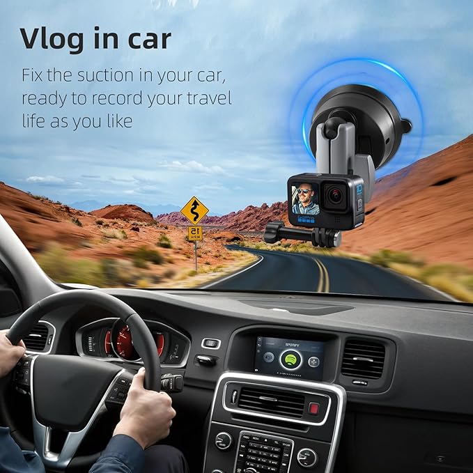 REYGEAK Suction Cup Car Mount with 1/4 Thread, 360° Rotation Windshield Car Mount for GoPro Hero 12 11 10 9 8 Insta360 X4 X3 Go3 DJI Action 4, Pocket 3 Accessories