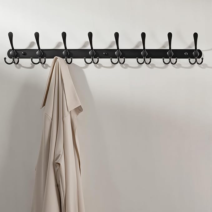 Dseap Coat Rack Wall Mount - 29.5” Long 8-Tri-Hooks Heavy Duty Coat Hanger Rail Wall Hooks for Hanging Coats Hats Clothing Cl