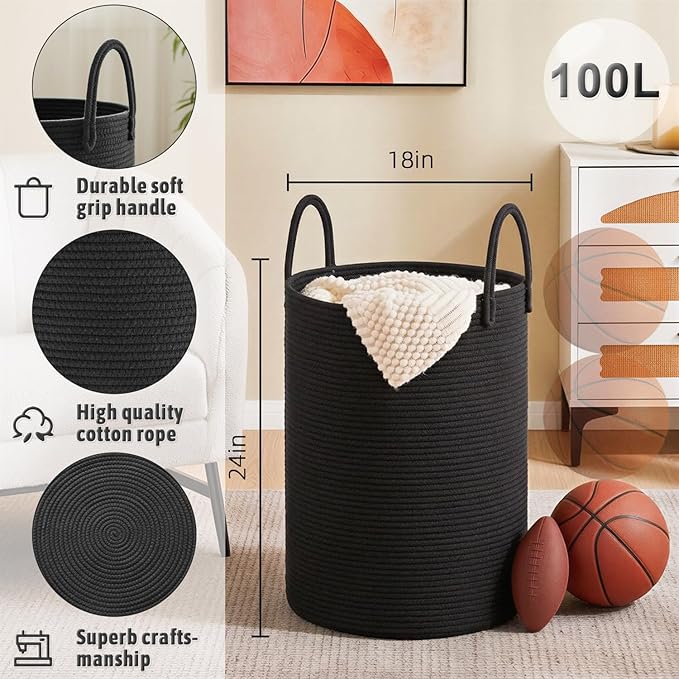 Artfeel Laundry Basket,Woven Cotton Rope Laundry Hamper,100L for Decorative Storage of Dirty Clothes,Toys and Blankets in Bat