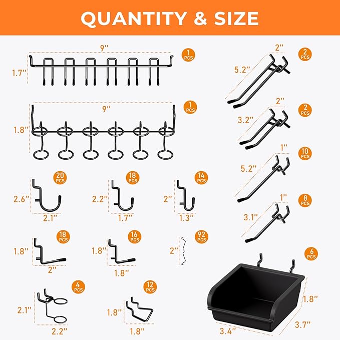 INCLY 220PCS Extra Thick 1/4" Pegboard Accessories Organizer Kit, Heavy Duty Black Pegboard Hooks with Bins and Peg Lock, Peg
