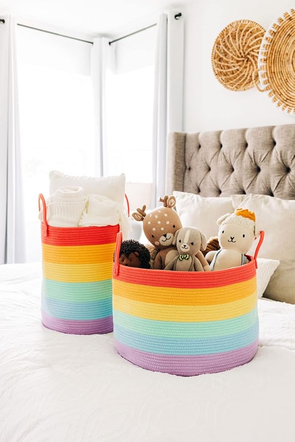 OrganiHaus Rainbow Blanket Basket for Classroom & Nursery, Extra Large Woven Laundry Basket w/Handles, Kids Toy Organizer & S