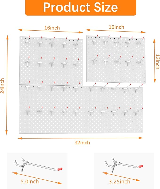 TORACK Metal Pegboard Panels and Hooks for Garage, Workbench, Shop, Shed Tool Organizer Peg Board with 1/8" & 1/4" Holes, Mod