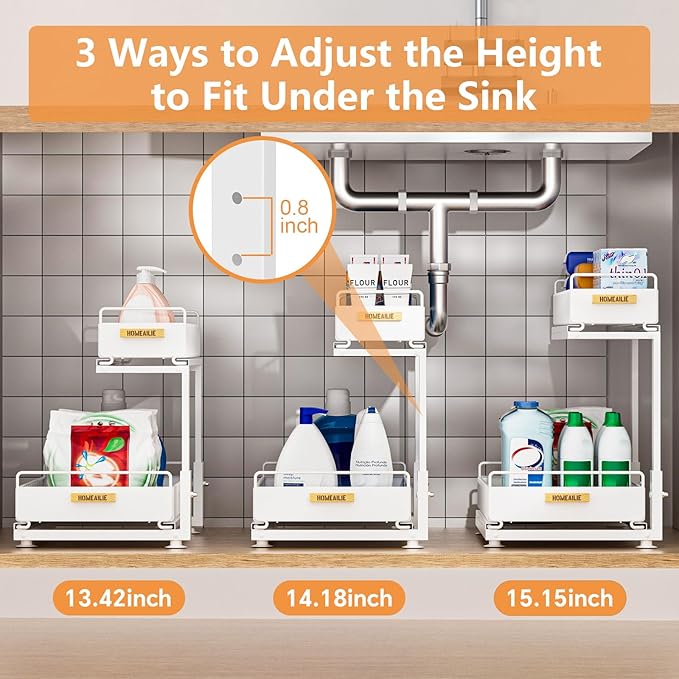 Under Sink Organizer, High Adjustable 2 Tier Under Kitchen Sink Organizer, Multi-Purpose Storage Shelf for Kitchen Bathroom C