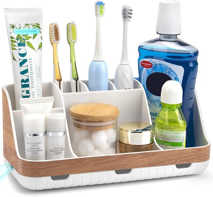 GFWARE Bathroom Countertop Organizer - Detachable 7 Slots Kids Electric Toothbrush and Toothpaste Holde Drainage for Bathroom