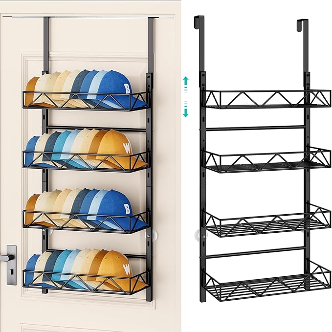 HapiRm Over the Door Hat Organizer - 4 Tier Wall Mounted Hat Rack with 4 Adjustable Metal Basket, Baseball Caps Organizer Sto