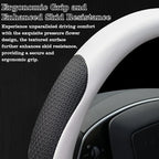 White Tesla Nappa Leather Steering Wheel Cover, Model 3/Y Accessories, Comfort Grip, Anti-Slip Breathable, Compatible with Te
