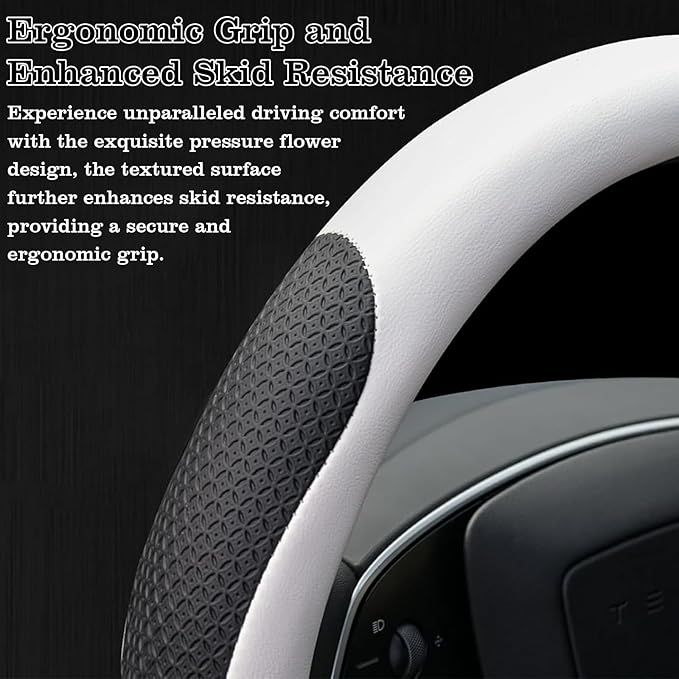 White Tesla Nappa Leather Steering Wheel Cover, Model 3/Y Accessories, Comfort Grip, Anti-Slip Breathable, Compatible with Te