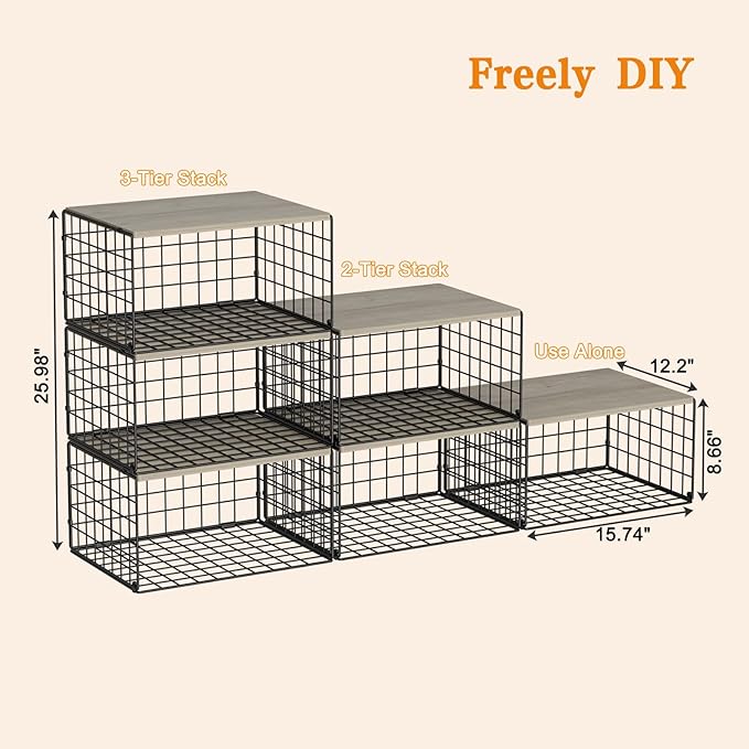 Extra-Long, Low-Profile Closet Organizers and Storage with Wood Top, 3 Pack Stackable Closet Shelf Organizer, Space-Saving Cl