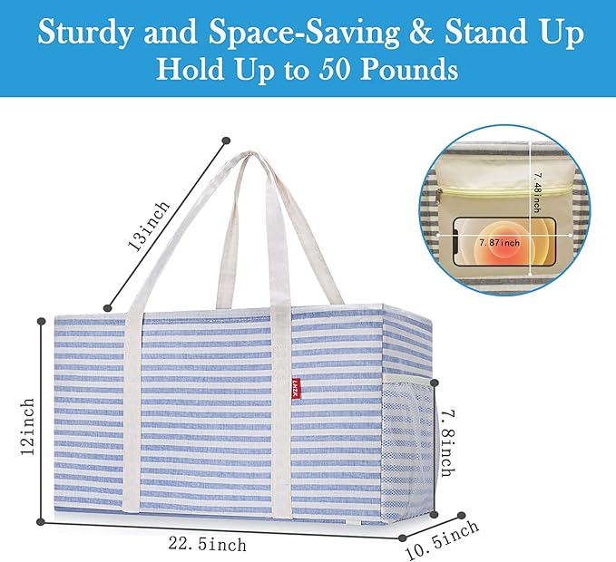 LHZK 2 Pack Extra Large Utility Tote Bag with Metal Wire Frame and the Sides Rinforced, Extra Large Tote Bag with Handle for