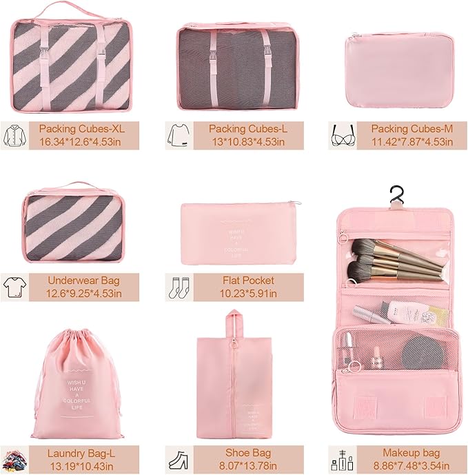 8 Set Compression Packing Cubes for Travel Essentials,Suitcase Organizer Bags, Carry-On Luggage Accessories with Laundry & To
