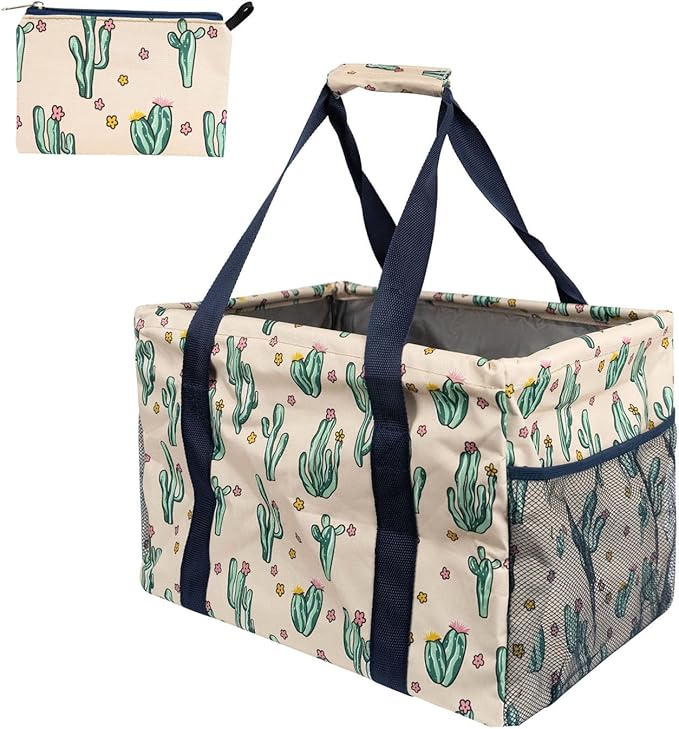 Extra Large Utility Tote Bag - Oversized Collapsible Tote with Wire Frame, Durable Reusable for Beach, Groceries, Laundry, Car Trunk, Storage and Travel - Includes 5x7 Bag with Hook - Cactus