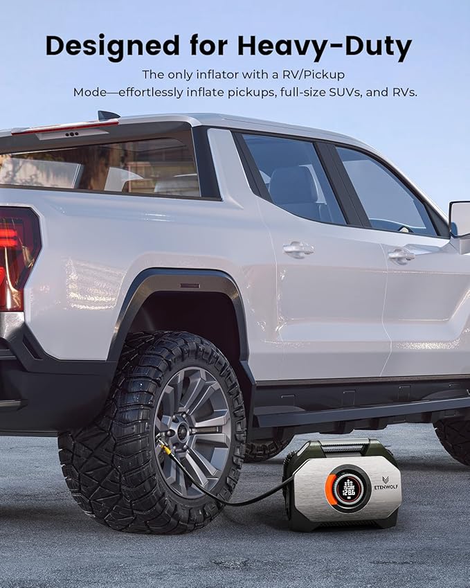 ETENWOLF Vortex S7 Tire Inflator for Heavy-Duty Vehicle, Portable Air Compressor for Car Tires with 160PSI & 38400 mAh Battery, Cordless Air Pump with 100% Duty Cycle & Dual Cylinder (Olive Green)