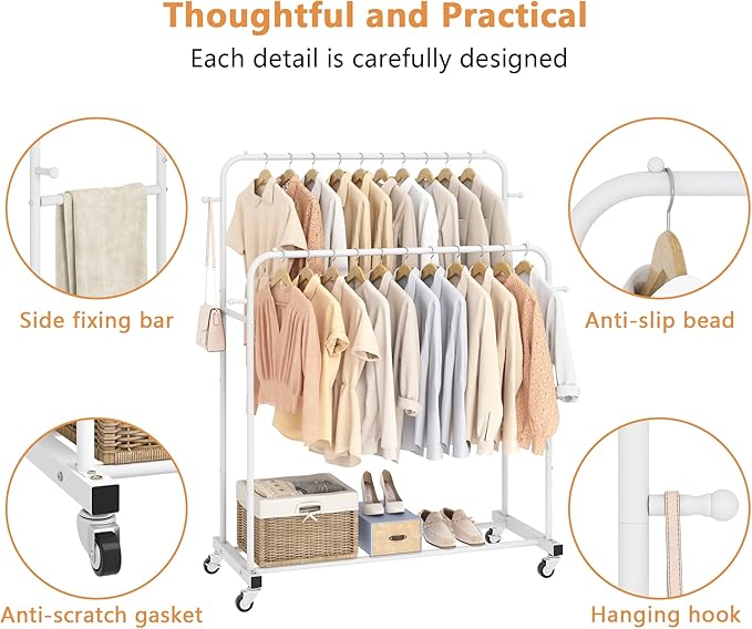 Laiensia Double Rods Garment Rack with Wheels, Clothing Rack for Hanging Clothes,4 Hooks, Multi-functional Bedroom Clothes Ra