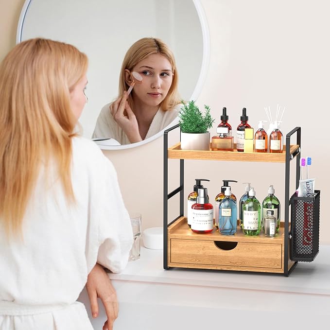LEMIKKLE Bathroom Counter Organizer with Drawer and Basket,Wood Countertop Organizer for Bathroom Decor Makeup Tray for Perfu