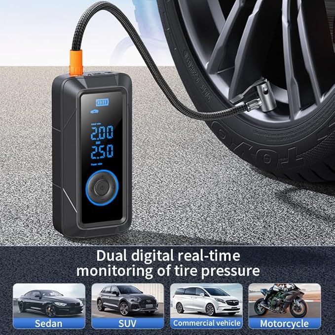 Tire Inflator Portable Air Compressor Portable Air Pump Cordless Bike Pump with Digital Dual Values Display 150 PSI Car Tires Pump with LED Lights Air Pump