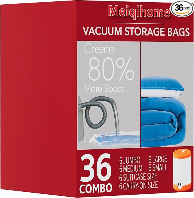 36 Pack Vacuum seal bags for clothing With Coldless Pump,Vacuum Storage Bags, Space Saver Sealer Bags, Pillows, Comforters, B
